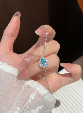 S999纯银蓝眼泪锁骨项链女2026新款轻奢小众高级感生日礼物送女友