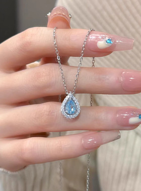 S999纯银蓝眼泪锁骨项链女2026新款轻奢小众高级感520礼物送女友