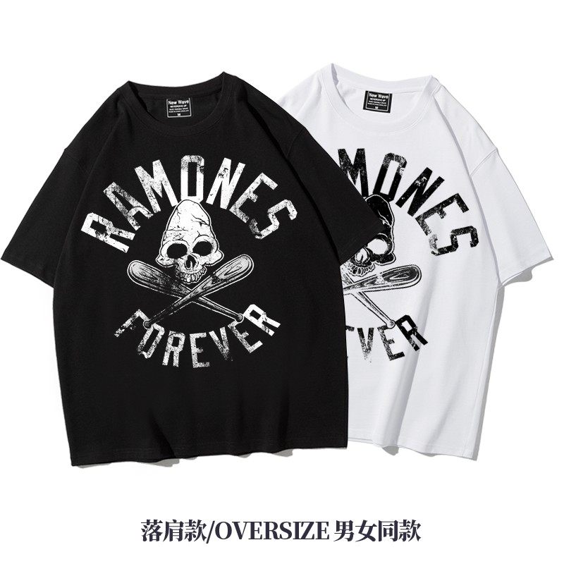 五分袖落肩款oversize重磅T恤摇滚ramones雷蒙斯阿美咔叽美式男夏 - 图0