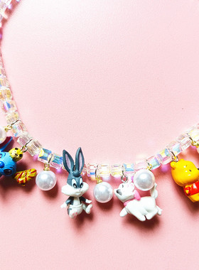 透明水晶串珠兔八哥玛丽猫项链