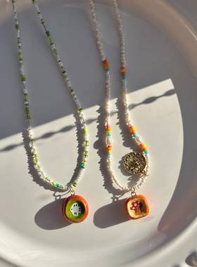 欧美跨境新款时尚通勤DIY水果植物玉石项链黏土彩绘吊坠设计款