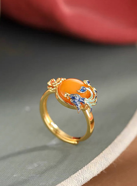 复古珐琅凤凰牡丹戒指女国潮新中式创意民族风文艺范仿蜜蜡指环女