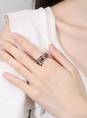 直播复古民族风景泰蓝珐琅鲤鱼戒指女个性锦鲤开口可调节饰品指环