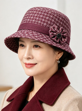 中年妈妈帽子女款2026新款老年人秋冬季保暖毛呢盆帽老太太渔夫帽