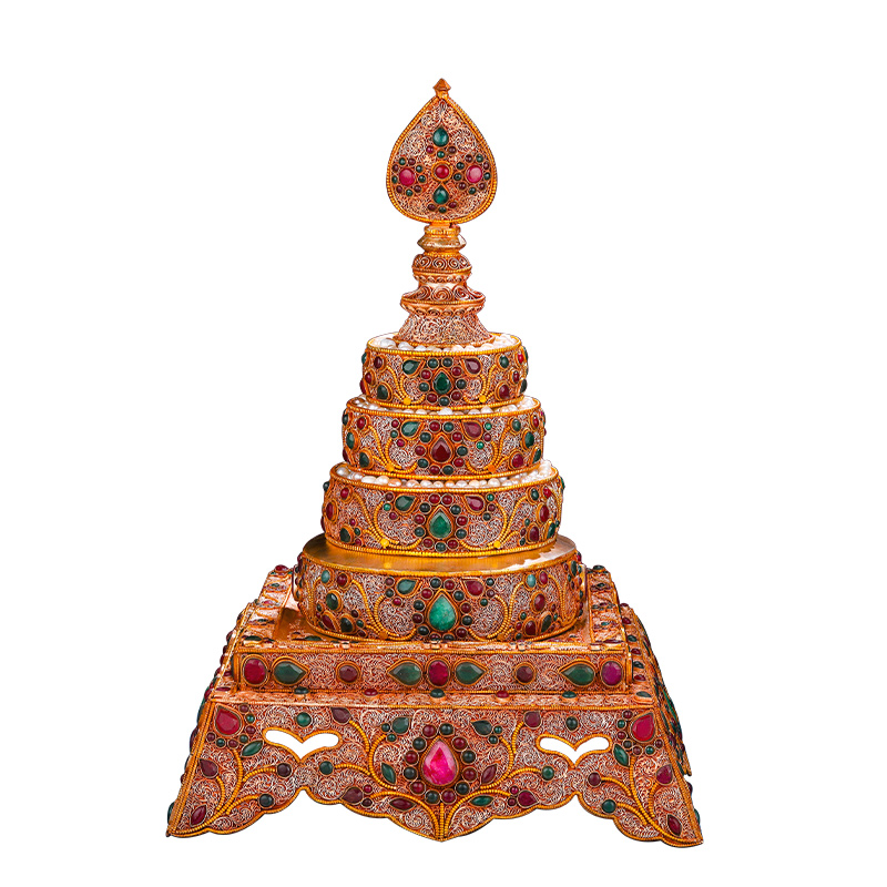 尼泊尔掐丝曼扎盘曼茶罗摆件手工镶嵌宝石八吉祥纯铜曼扎方形16cm - 图3