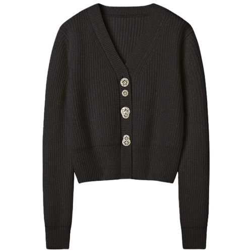 时髦！钻石花瓣扣加厚V领羊绒开衫女纯羊绒毛衣短款针织开衫外套 - 图3