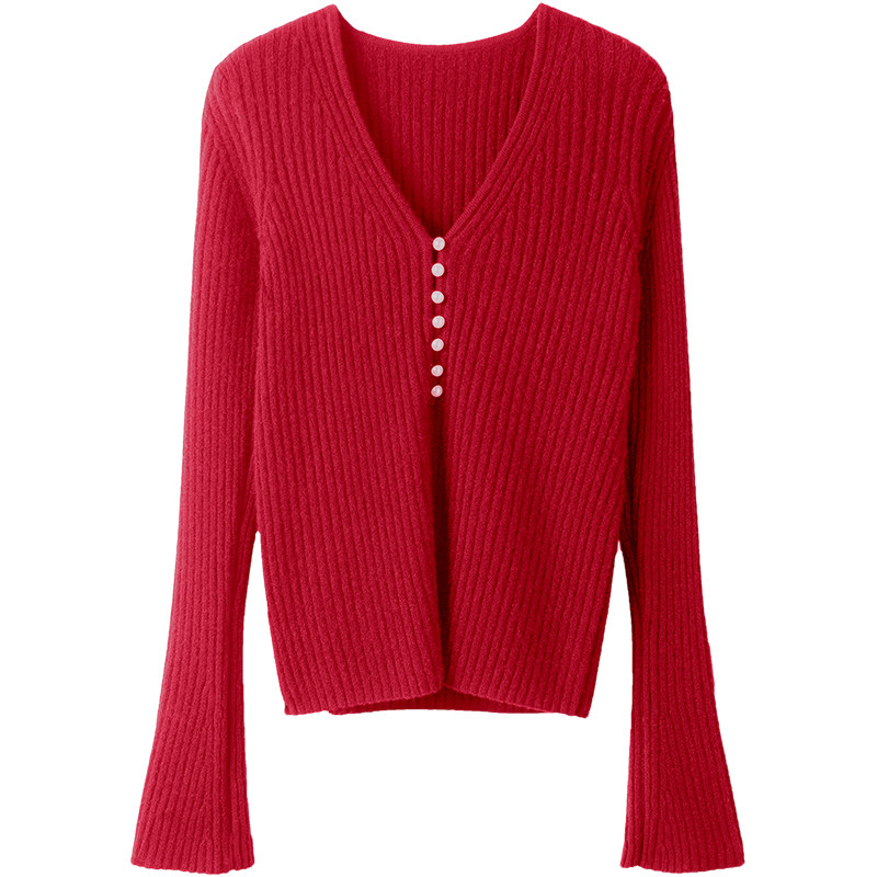 爆美的节奏！简约好穿珍珠扣V领纯羊绒针织开衫女喇叭袖秋冬毛衣,淘宝优惠券,粉丝福利购,淘宝优惠卷
