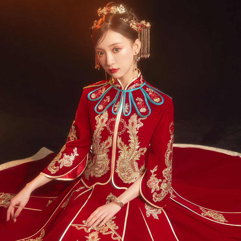 倾妍阁旗舰店秀禾服新娘年新款冬季结婚中式婚纱礼服女重工丝绒秀禾龙凤褂0