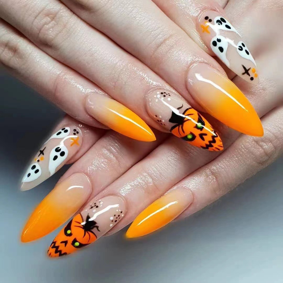 24Pcs Halloween False Nails Wearable French ong Fake Nails - 图0