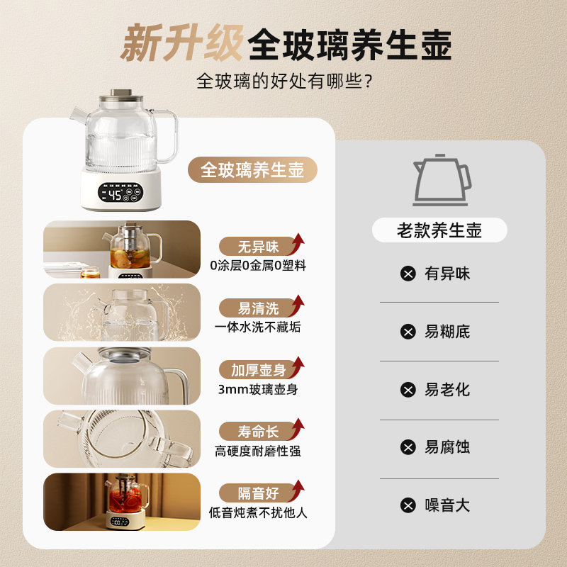 全玻璃养生壶纯玻璃恒温热水壶家用多功能办公室小型炖煮一体烧水