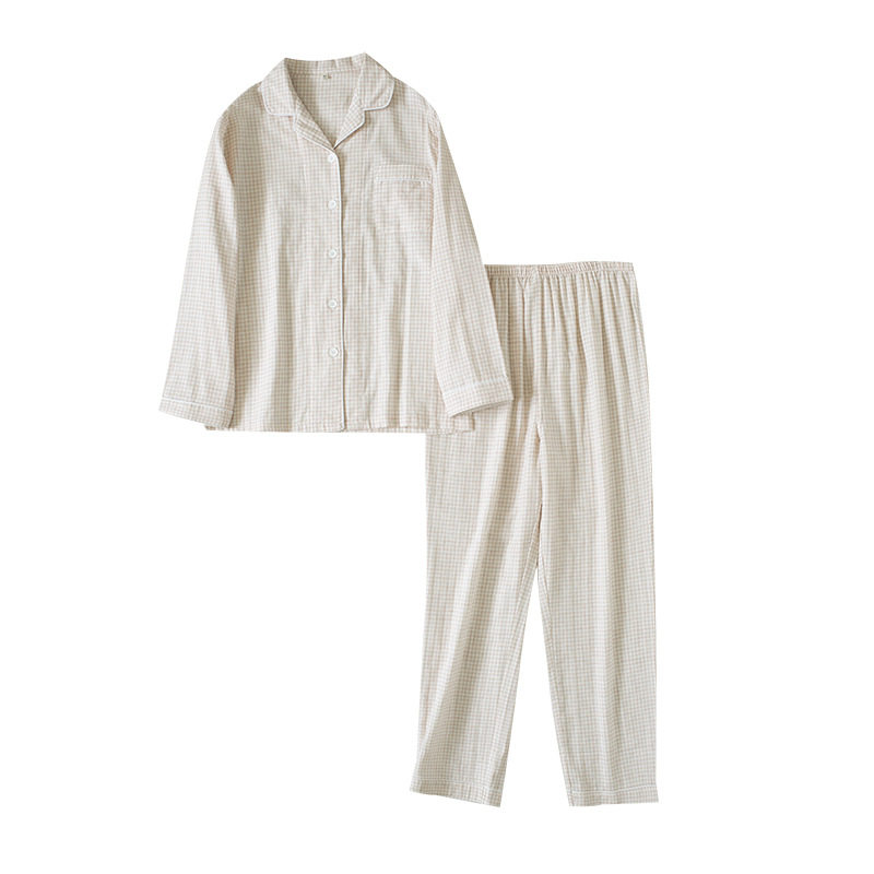 情侣男女士纯棉纱布格子长袖睡衣 八月格桑睡衣/家居服套装