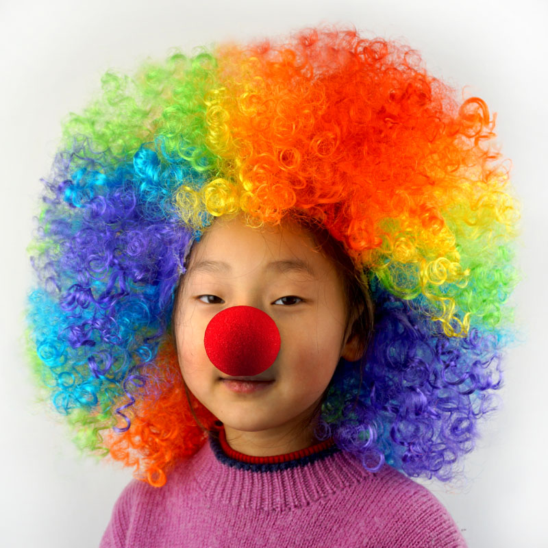 炫彩彩色爆炸头假发红鼻子小丑海绵成人六一儿童道具搞怪搞笑头套 - 图2