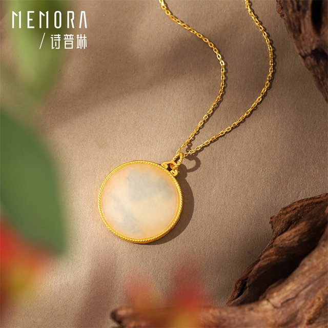 Shipulin Yellow 18K Gold Thousand Miles of Rivers and Mountains Inlaid with Hetian Jade Pendant Gold Covered Jade Necklace as a Girl Gift