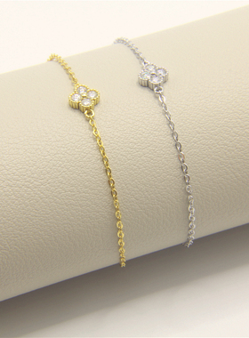 莫桑钻s925通体银手链四叶小草