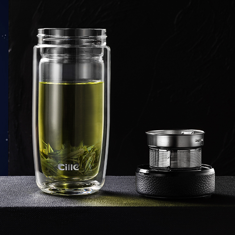 希乐加厚双层玻璃杯男士便携水杯女隔热带盖大容量杯子家用泡茶杯