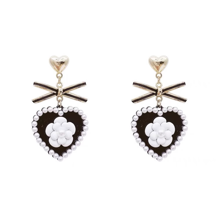 蝴蝶结珍珠爱心耳钉女轻奢小众高级感黑色耳环 - 图3