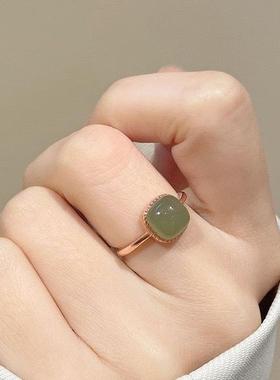 新中式仿和田玉食指戒女方形复古气质指环中国风小方糖玉石戒指