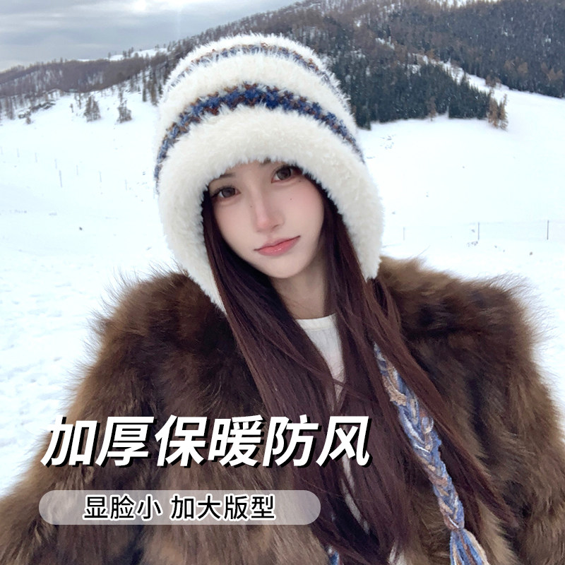 可爱毛绒帽子女秋冬彩色辫子针织兔毛冬天护耳保暖东北防寒风雪帽 - 图2