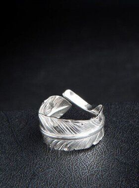 做旧镀银羽毛戒指潮开口男女尾戒个性高桥吾郎情侣款欧美指环跨境