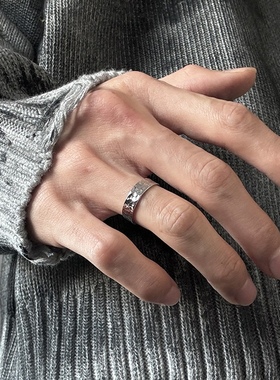 手工敲纹！纯银戒指男款轻奢高级感男生潮牌百搭食指戒小众可调节