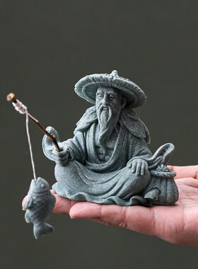 青砂石雕刻姜太公钓鱼摆件钓鱼翁微景观鱼缸水族箱造景装饰工艺品