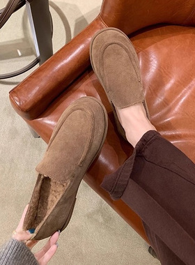 牛皮版~真皮复古软糯乐福鞋女秋冬新款圆头一脚蹬加绒毛毛豆豆鞋