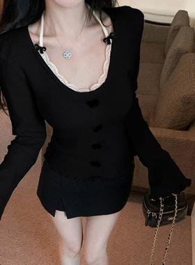 秋冬新款修身蝴蝶结挂脖针织上衣女装法式蕾丝拼接圆领长袖针织衫