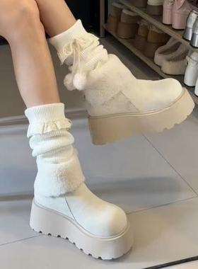 鞋子女鞋百搭2025冬季厚底保暖加绒松糕底棉鞋增高时尚雪地靴