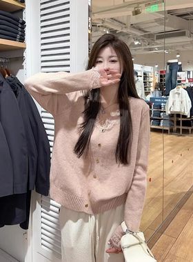 v领温柔蕾丝边针织衫女春季2025新款纽扣长袖法式套头打底衫毛衣