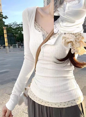 2024春秋小碎花纽扣长袖T恤内搭bm上衣假两件蕾丝U领拼接打底衫女