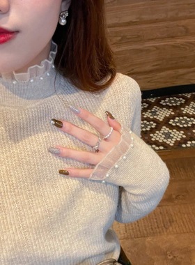 小香风半高领内搭打底衫女冬季春秋新款珍珠毛衣2025蕾丝针织上衣