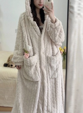 秋冬季睡衣女法兰绒睡袍女珊瑚绒长款可爱甜美韩版家居服懒人睡袍