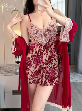 唯美纱性感深V睡衣蕾丝裹胸带胸垫吊带睡裙植绒露背家居睡衣秋冬