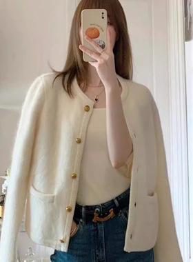 小香风短款正肩仿貂绒针织开衫毛衣女装春秋季慵懒风休闲外套上衣