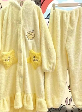 2025新款乌萨奇珊瑚绒睡衣女冬季加厚加绒可爱卡通睡袍家居服套装