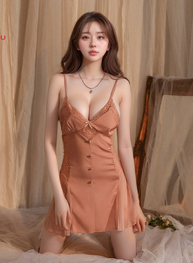 柔软缎面性感睡衣女拼接网纱透视诱惑火辣露背纯欲吊带裙套装1858