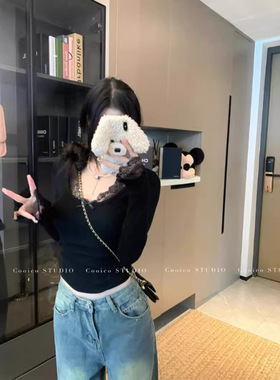 复古蕾丝拼接针织衫早秋新款修身显瘦纯欲风内搭打底长袖上衣女装