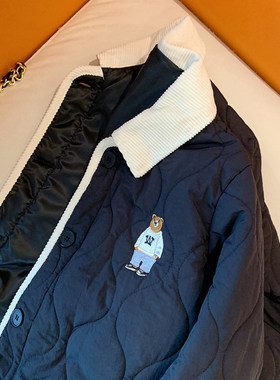 美式复古小熊刺绣撞色包边棉服男女冬季时尚菱格宽松加厚翻领外套