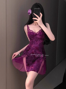 西诗 性感蝴蝶植绒睡衣带胸垫女款夏情感趣味纯欲蕾丝吊带睡裙