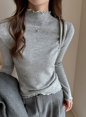 仿羊绒木耳半高领秋冬长袖打底衫女内搭正肩t恤高级感可外穿上衣
