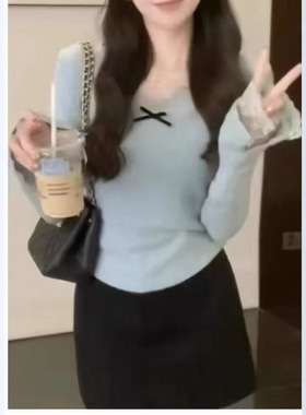 KANING蕾丝边喇叭袖V领毛衣打底衫女秋款设计感小众内搭针织上衣