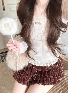 miu系温柔风麻花V领针织衫上衣女秋冬木耳边软糯显瘦内搭打底衫