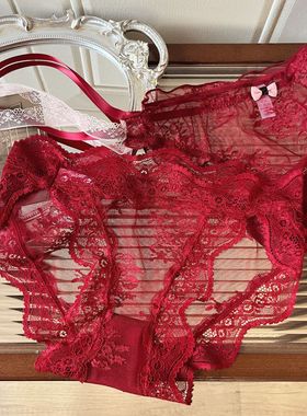 浪漫红运~法式红色蕾丝女士内裤本命年中腰镂空纯欲性感三角裤