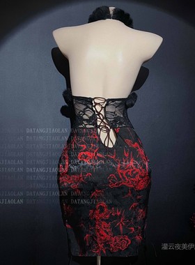 【原版龙焰魅影】大码古风旗袍挂脖连体纯欲复古蕾丝黑红交织制服