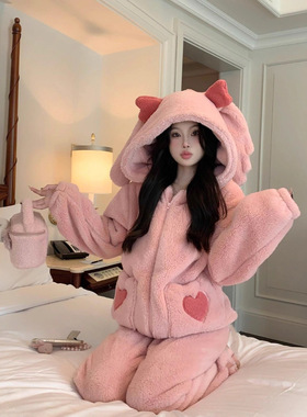 珊瑚绒睡衣女秋冬季加绒加厚新款爱心口袋法兰绒家居服套装可外穿