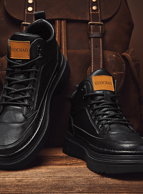 跨境马丁靴男秋冬季加绒保暖高帮棉鞋英伦工装靴男士厚底耐磨皮靴