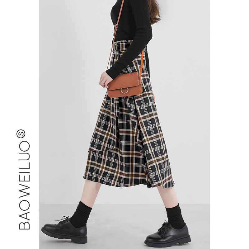 高腰毛呢格子女长裙2021秋冬半身裙 宝薇洛半身裙