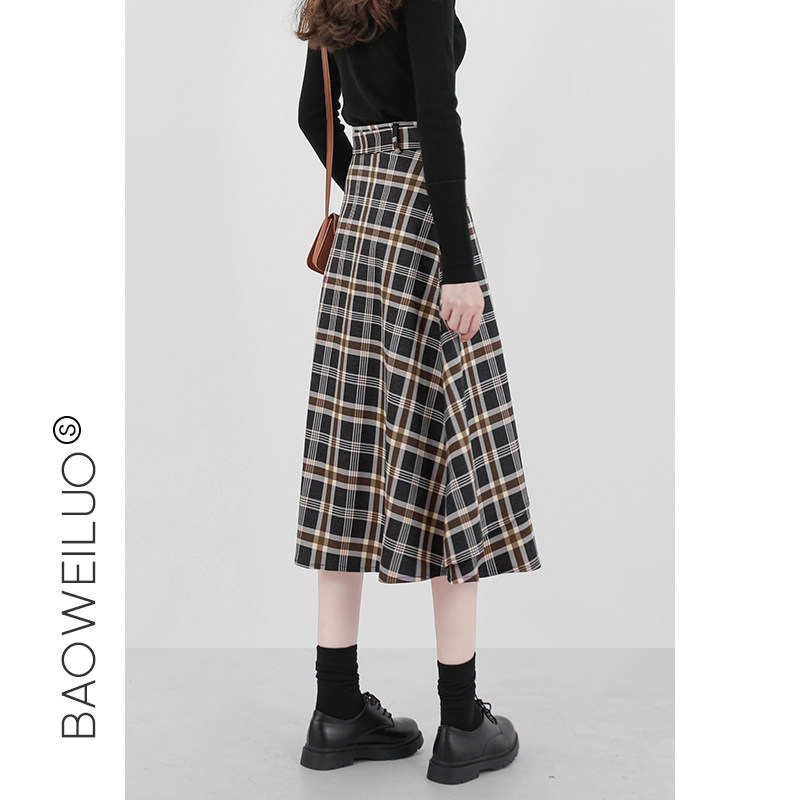 高腰毛呢格子女长裙2021秋冬半身裙 宝薇洛半身裙