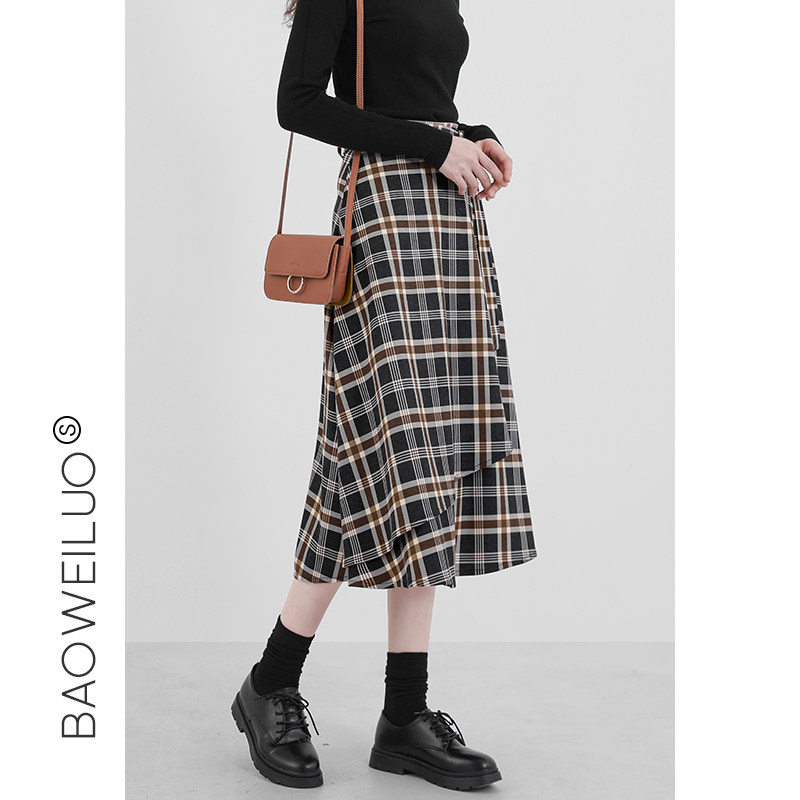 高腰毛呢格子女长裙2021秋冬半身裙 宝薇洛半身裙