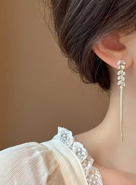 电镀真金锆石麦穗流苏耳环女轻奢小众耳钉2024新款气质长款耳饰
